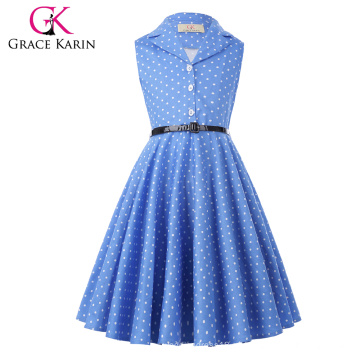 Grace Karin vestidos de niña de los niños de verano niños niñas retro de la vendimia sin mangas solapa collares vestido de puntos CL009000-4